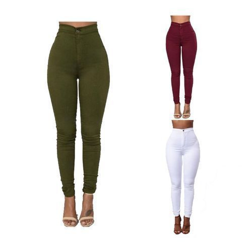 3 Pack of High Waist Jeans Casual Pant Trousers - Green,Maroon,White