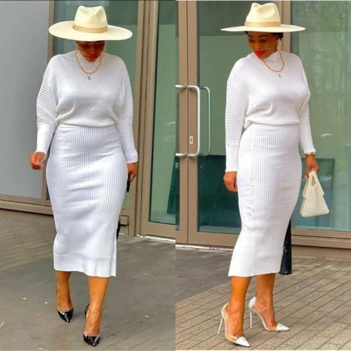 Women Two Piece Round Neck Tops Sweter - White