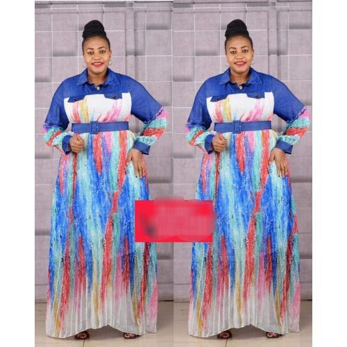 Women High Waist With Button Elegant Pleated Dress Dark Blue