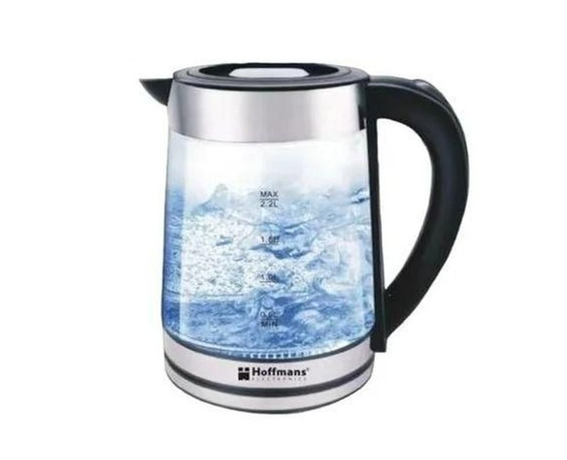 Hoffmans Electric Kettle 2.2ltrs , Silver Glass Electric Kettle With LED Blue Transparent