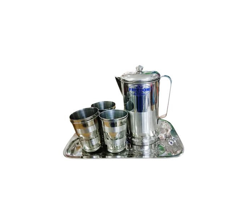 8 Pieces Set Of Stainless Steel Jug Tray And 6 Tumblers-Silver