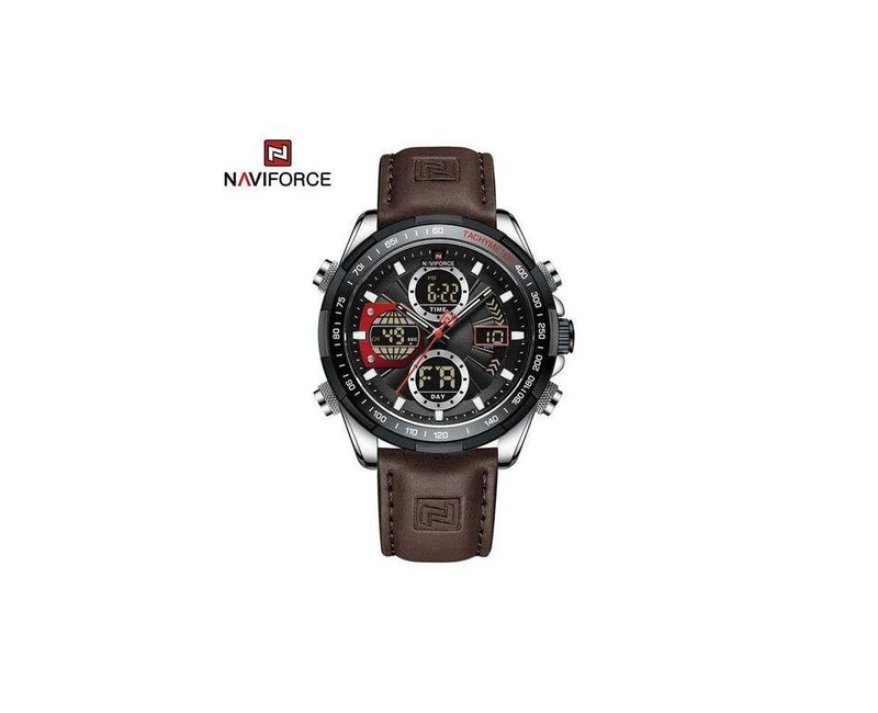 Dual Display Leather Strapped Men's Office and Casual Designer Watch - Brown, Black, Silver