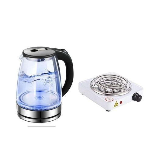 Hoffmans Pack Of Original 2L Glass Electric Kettle With LED Blue Light Plus A Single Coil Hot Plate 1000W- Silver , Black