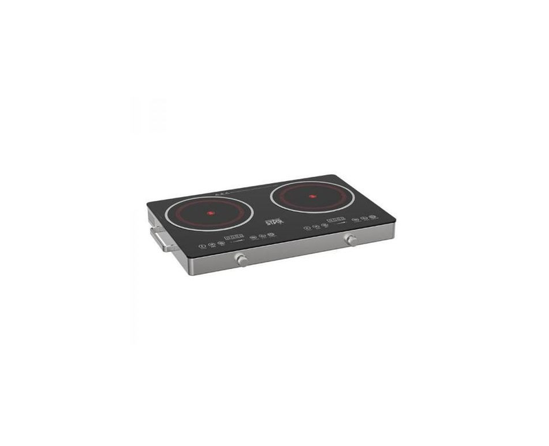 Double Induction Cooker Inverter Infrared Cooker Portable Ceramic Glass Plate Sensor Touch & Knob Control, Black Crystal Panel, 120 Mins Timer, Safety Lock, Overheat Protection -Silver