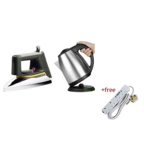 Flat Iron & 2L Electric Kettle Percolator Plus A Free 4 Way Extension- Silver, Black