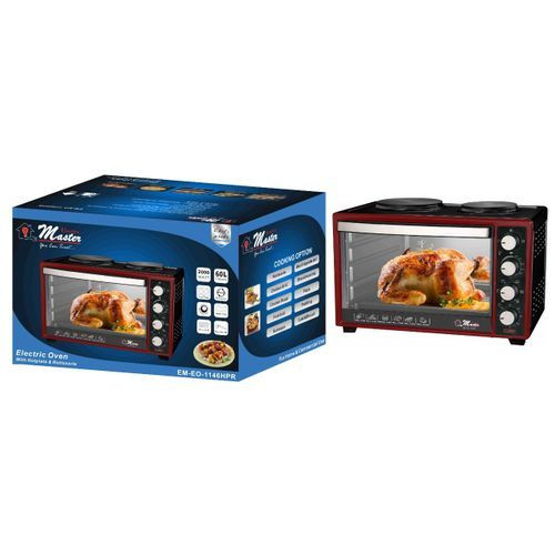 Electro Master EM-EO-1146 – 60HPR 60L Oven with Hot Plate & Rotisserie – Black/Maroon