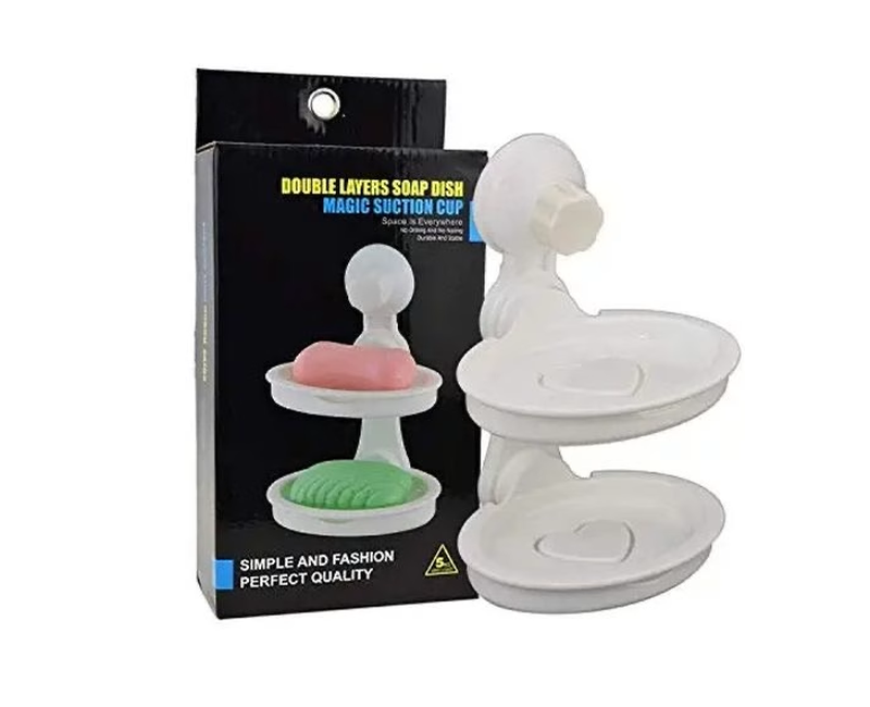 Double Layer Soap Dish Magic Suction Cup, White.