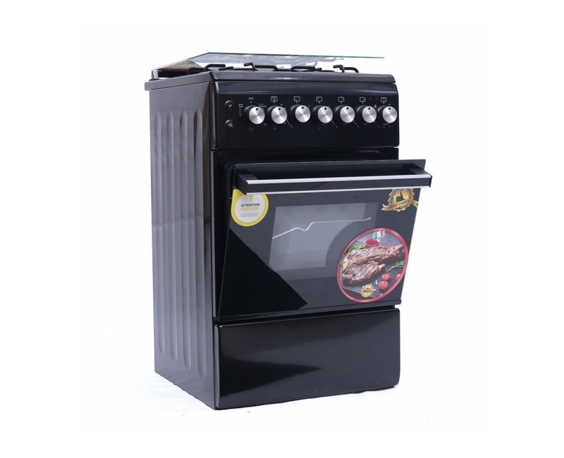 Blueflame cooker NL6031ER-B, 60*50 Electric oven, Black Color easy clean Enamel panel, Glass top lid, Auto gas Ignition, Pool, ROTISSERIE SYSTEM, Timer