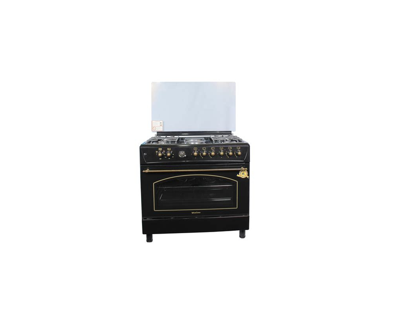 Blueflame cooker F9P42ERF-B, 90*60 4+2 Electric Oven, Black colour easy Enamel Body, Pool System, Chicken Roteserrie, 2 Turbo fans, Glass top cover, Timer, Auto gas Ignition