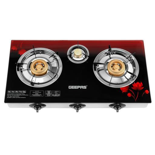 Geepas 3 Burner Gas Cooker Size 70mm, 40mm & 90mm Respectively Ergess Steel Frame & onomic Design, Automatic Ignition, 3 Heating Zones StainlTray - Multicolor