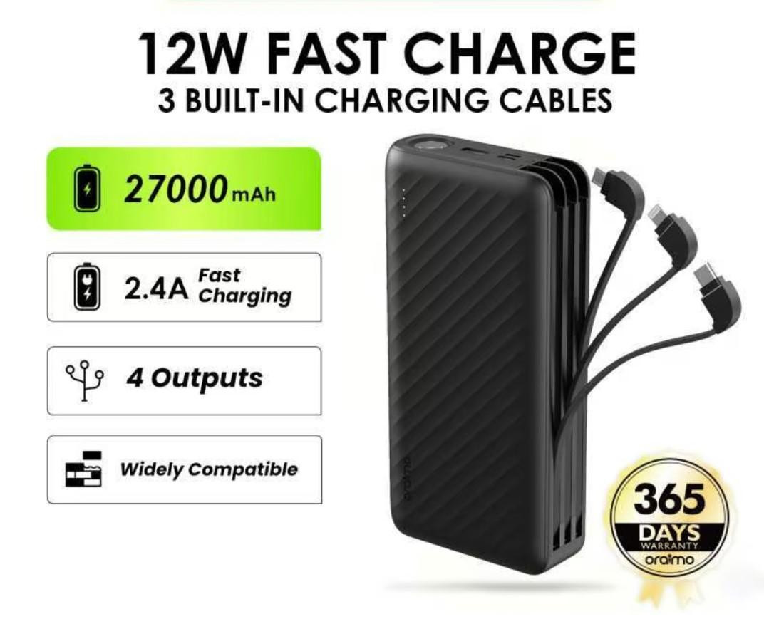 Fast-Charging 27,000mAh Power Bank, Ultra-Slim - Smart LED Display, Multiple Device Compatibility.