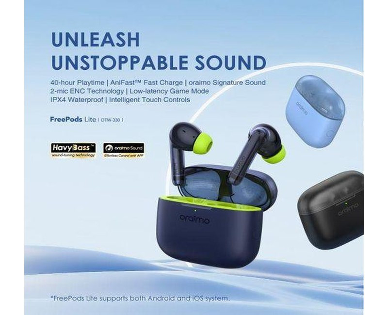 FreePods Lite 40 hours Playtime ENC True Wireless Earbuds Earphones - Black/White/Blue