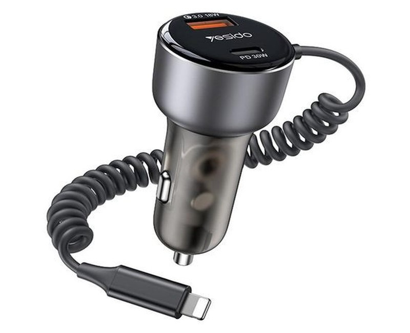 Y57 50W Cell Phone Super Fast Car Charger Included Cigarette Lighter Car Charger with iP Coiled Lightning Cable- Black