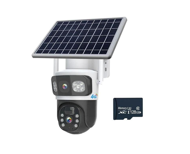 Solar-Powered Dual Lens 4G Security Surveillance Camera- 4MP PTZ Camera-128GB Free Memory Card-White