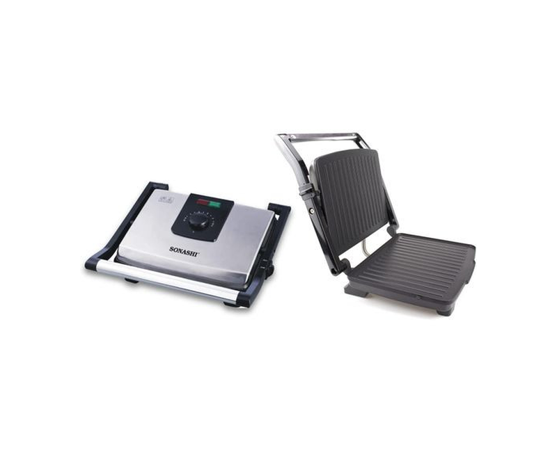 Contact Grill Slice Press Grill And Sandwich Maker With Dual Indicator Temperature Control Removable Drip Tray Kitchen Appliance-Silver/Black