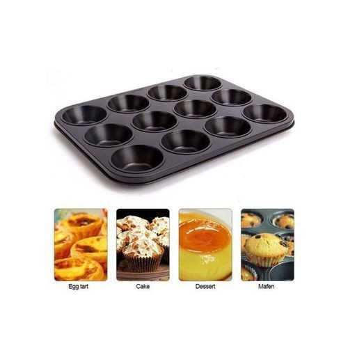 12-Hole Long Life,Cupcake Baking Tray /Oven Tray Pan - Grey, Black