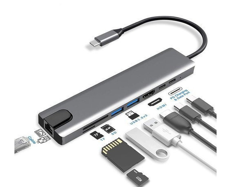 8 In1 USB-C Hub - High Definition Multimedia Interface silver