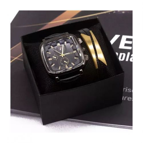 Men's Leather Watch + Bracelet+ Box - Black