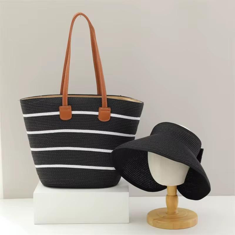 Large Capacity Straw Tote Bag for Women Fashionable Beach Handbag Large Capacity Shoulder Bags with Hat - Black