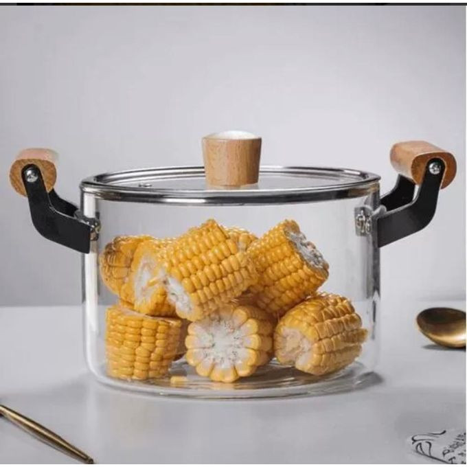 3.5L Borosilicate Clear Glass Induction Stove Cooking Saucepans With Wooden Handle- Clear