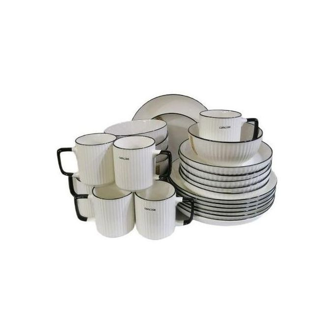 24pcs Of Black line Design Plates Bowls Cups Dinner Set - Cream