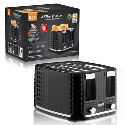RAF Household 4 Slice Bread Toaster Strong Power Multifunction Toaster Machine With Defrost Stop Removable Crumb Tray- Black