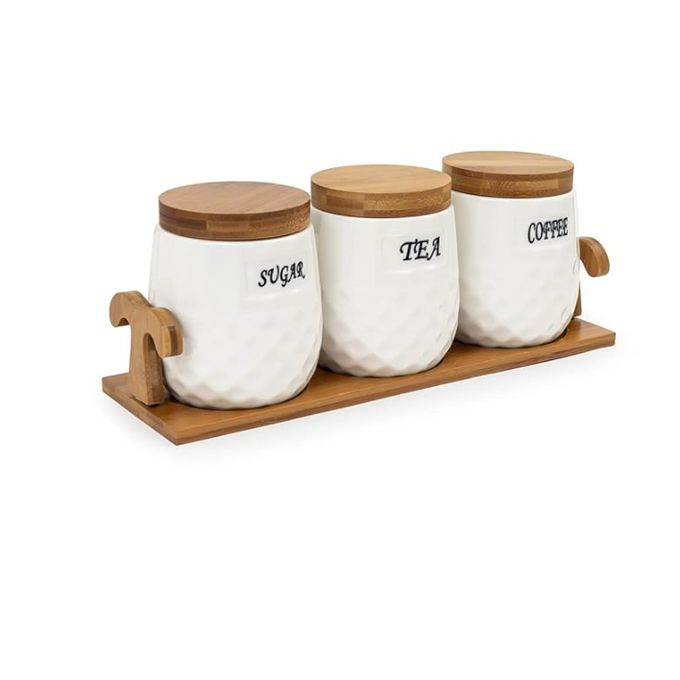 EZ Life White Ceramic Checkers Tea Coffee Sugar 3 Canisters Set with Wooden Stand Tray - with Bamboo Lid - Condiment - Airtight Jars Set Kitchen