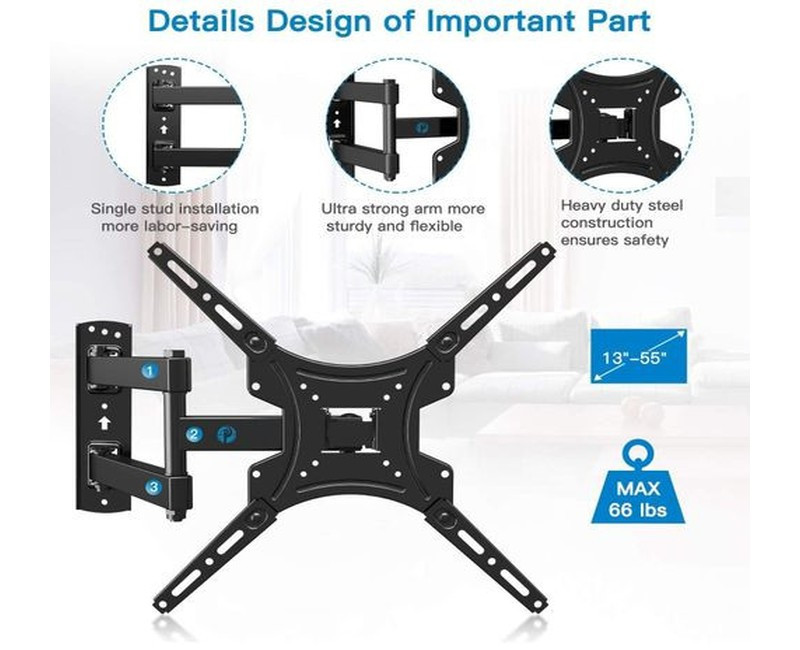 Full Motion TV Wall Mount for 26-53 Inch TVs, Max VESA 400x400mm up to 66lbs, single Arm Full Motion TV Wall Mount for Most 37-70 Inch TVs up to 132lbs
