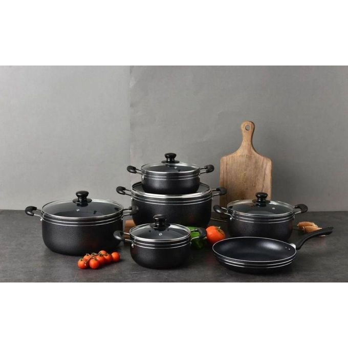 TC Heavy duty black 14 piece Non Stick Cookware Set / Sufuria With A Pan and glass lids