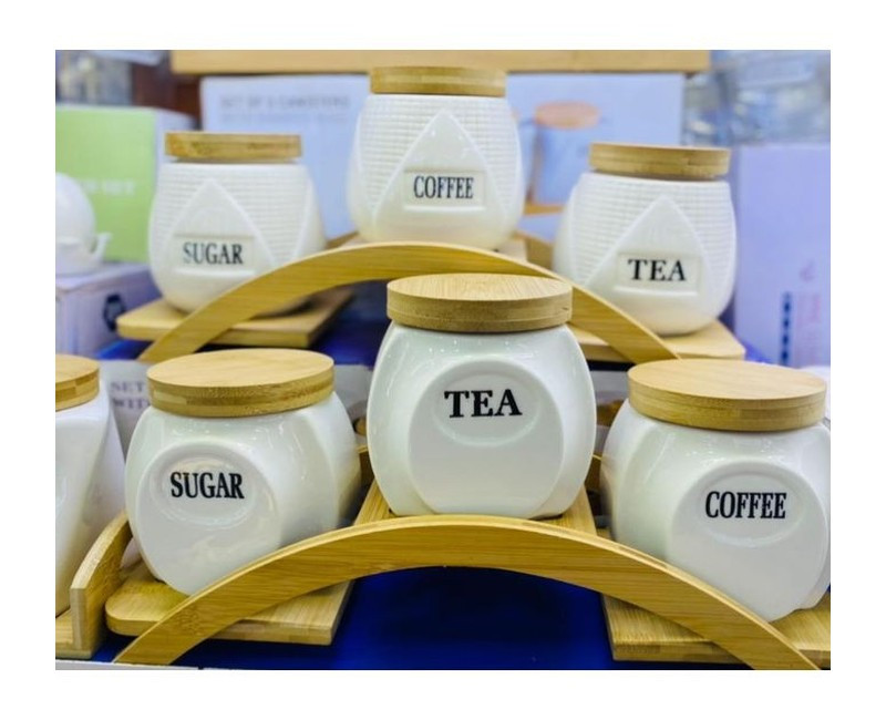 6 pcs coffee canisters with wooden base