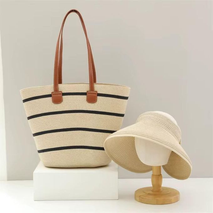 Large Capacity Straw Tote Bag for Women Fashionable Beach Hand bag Large Capacity ShoulderBag with Hat - Biege