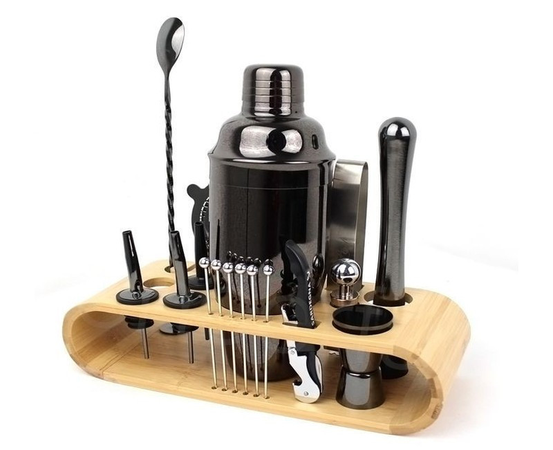 Share this product Stainless Steel Bartender Cocktail Shaker On Bamboo Wood Stand Gift Set- Black.