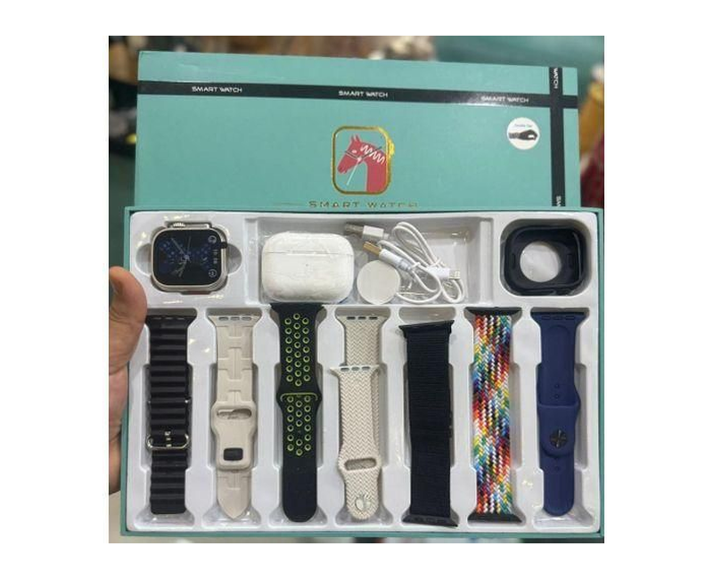 Ultra Max Suit Combo Smartwatch 7+1+1 With Seven Straps,Watch Screen Guard And Free Bluetooth Airpods - Multi colour