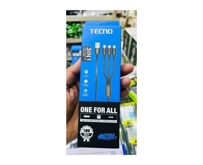 Tecno 3in1 USB Type C,Lighting & Micro Fast USB Charging & Data Cable - Black