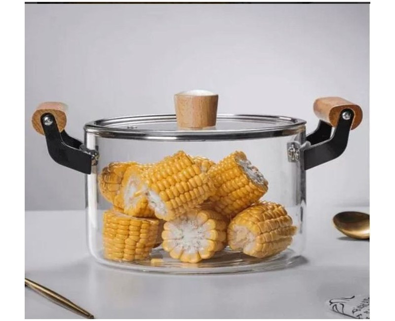 3.5L Borosilicate Clear Glass Induction Stove Cooking Saucepans With Wooden Handle- Clear