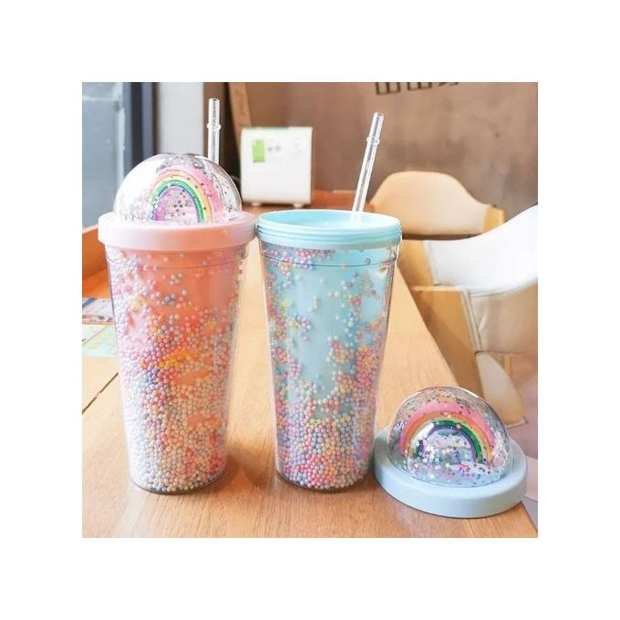 2-Layer Ice Cream Juice Bottle Cup with Straw-Multi-colours