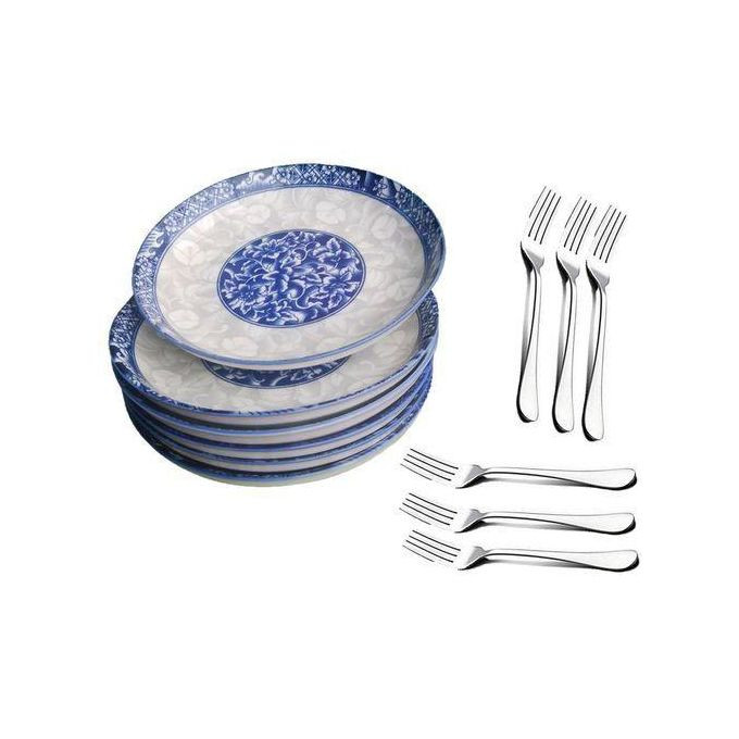 Other Set Of 6 Big Ceramic Dinner Plates & 6 Folks –White