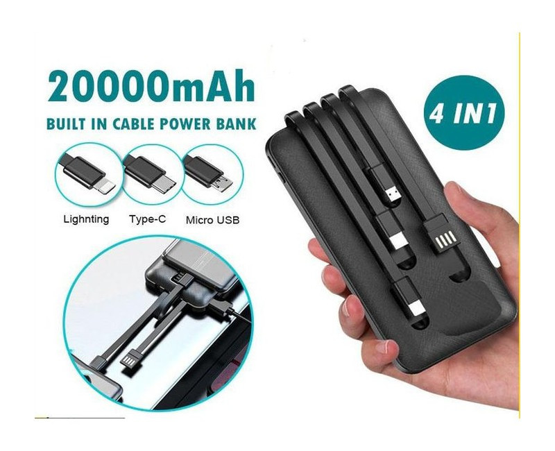 4 IN 1 Power Bank Built In Cable Usb Cable 20000mAh-Black