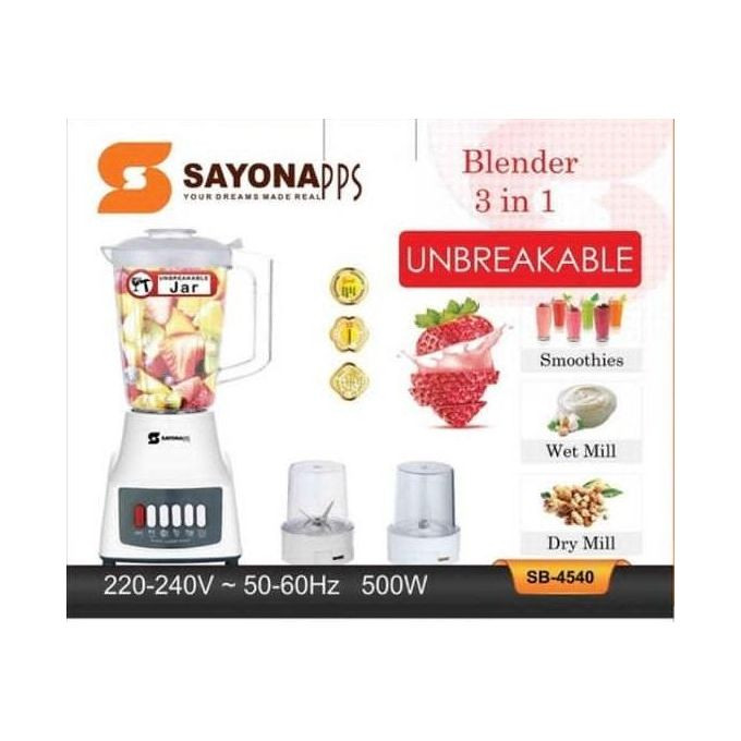 Sayona 3 In 1 Blender, 500W, 1.5 Liter Jar, 3 Speed, Overheat Protection, SB-4540 (1 YR WRNTY)