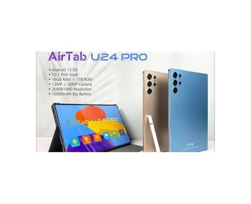 Airtab U24 PRO ANDROID 13 OS 10.1 FHD Incell 16GB RAM + 1TB ROM 13MP + 30MP Camera 3000X1440 Resolution 10000mAh Big Battery 5g Tablet- Color May Vary