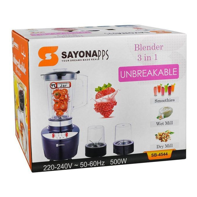 Sayona 3in1 Blender, 500W, 1.5 Liter Jar, 3 Speed, Overheat Protection, Ideal For Smoothies, Wet & Dry Mill, SB-4544 (1 YR WRNTY)