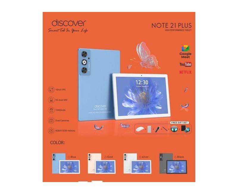 Discover Note 21 Plus 10 Inch IPS 16GB 1TB Android 10 Tablet PC 10000 mAh Battery 5G Dual Sim With Dual Camera- Multicolor.