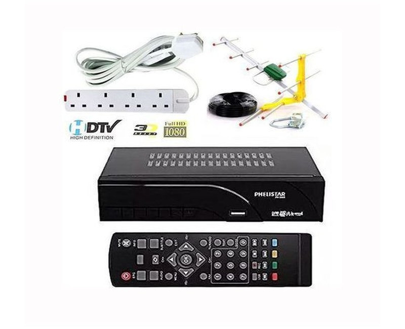 Phelistar Free to Air TV Digital Decoder +4 Way Extension Cable+ Antenna -Black
