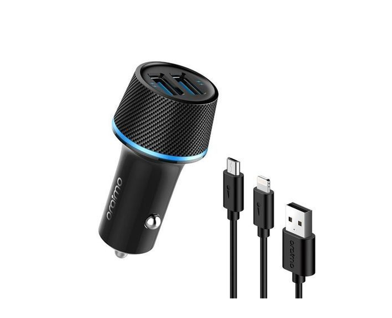 Oraimo Highway Car Charger with 2-In-1 Lightning & Micro USB Cable - Black