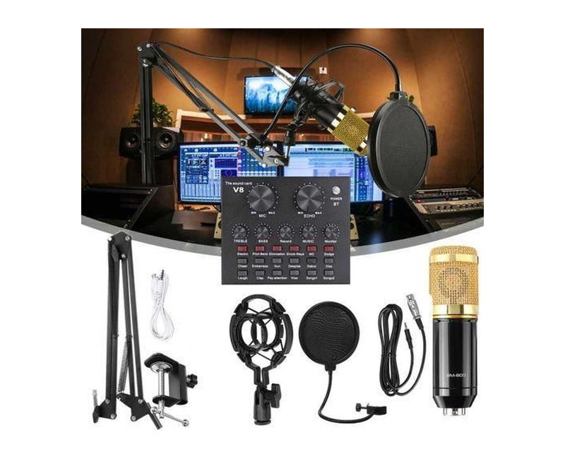 Condenser Microphone with V8 BM800 sound card kit, supporting capacitor, USB, Bluetooth, studio recording, professional karaoke - black
