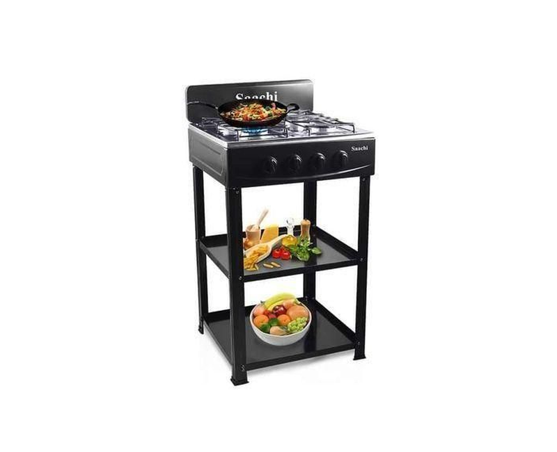 Saachi - 4 Burner Gas Stove Cooker With 2 Shelves Stands, Black, White