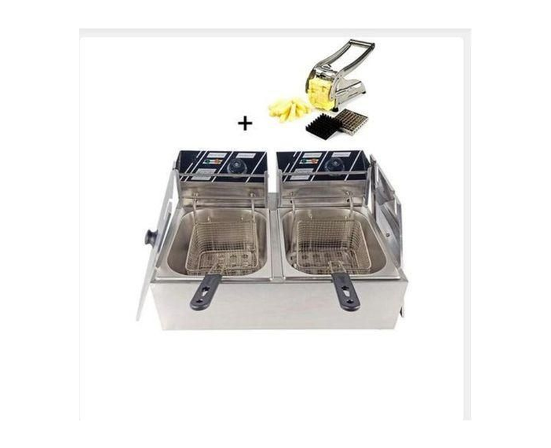 Commercial Double Deep Fryer 12L / 12 Liters With A Free Potato / Chips Cutter / Chipper - Silver