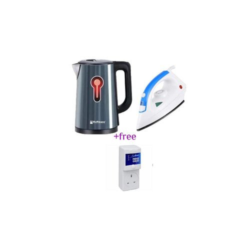 Hoffmans Pack Of Original 2.5Ltrs Electric Tea Kettle For Boiling Water Stainless Steel Double Wall Hot Water Boiler With Automatic Shut Off & Boil-Dry Protection Plus A Steam & Dry Flat Iron And A FREE Fridge Guard High Voltage Protector- Multicolor