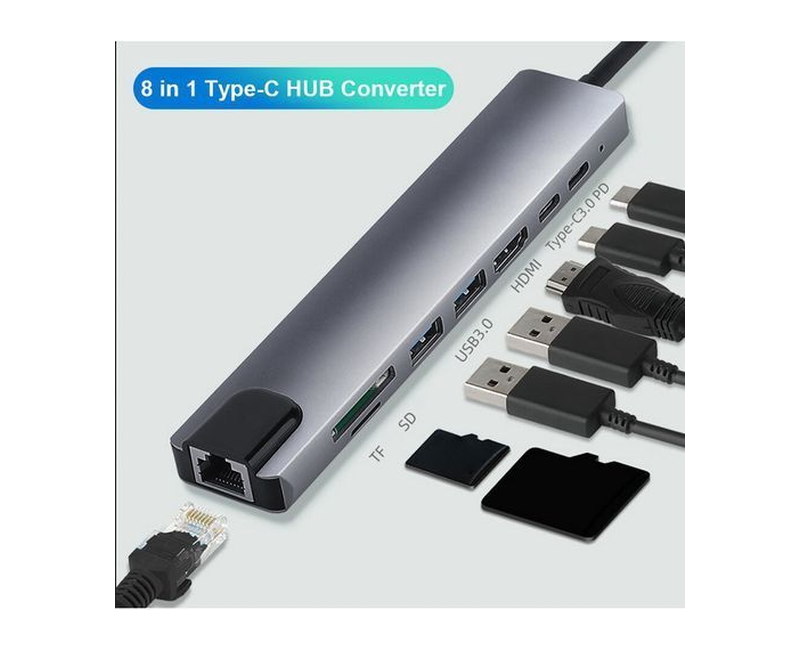Hub 8 In 1 Type-C HUB Converter 4K HDMI-compatible 2 USB3.0 USB C PD SD/TF RJ45 Docking Station - Black