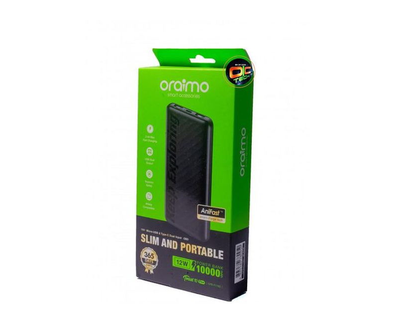 Oraimo 10000mAh Power Bank 2 USB Ports And One Type C Travel Power Bank Black